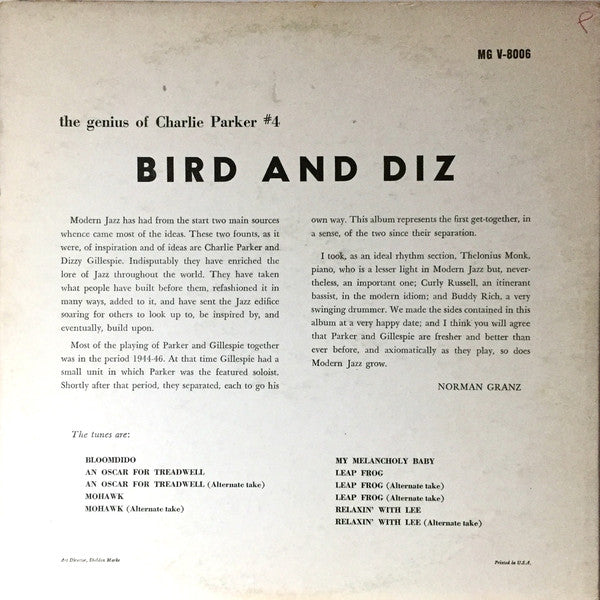 Bird (28) And Diz* : Bird And Diz (LP, Album, Mono, RE, Yel)