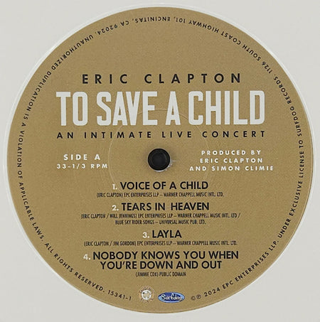Eric Clapton : To Save A Child An Intimate Live Concert  (2xLP, Album, Whi)