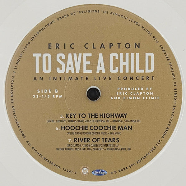 Eric Clapton : To Save A Child An Intimate Live Concert  (2xLP, Album, Whi)