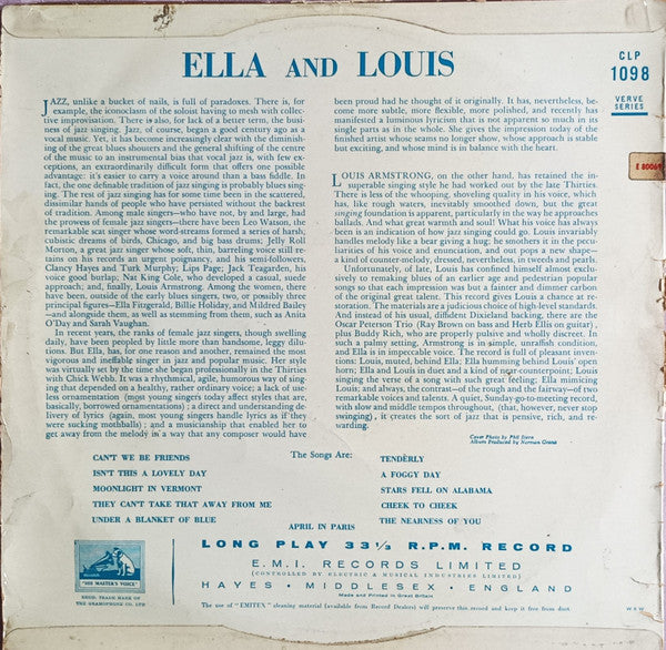 Ella Fitzgerald & Louis Armstrong : Ella And Louis (LP, Album, Mono)